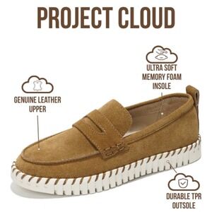 Project Cloud Filide.A Tan Suede Penny Loafers Womens 8.5 Memory Foam Platform